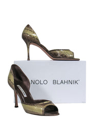 Current Boutique-Manolo Blahnik - Light Green & Brown Snakeskin Peep Toe Pumps Sz 10