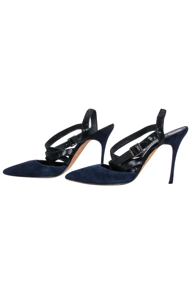 Current Boutique-Manolo Blahnik – Navy Suede w/ Black Strap Pointy Pump Sz 6.5