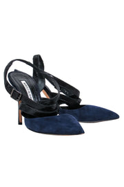 Current Boutique-Manolo Blahnik – Navy Suede w/ Black Strap Pointy Pump Sz 6.5