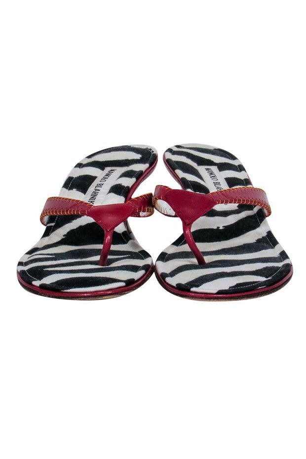 Current Boutique-Manolo Blahnik - Red Leather & Zebra Printed Kitten Heel Sandals Sz 7.5