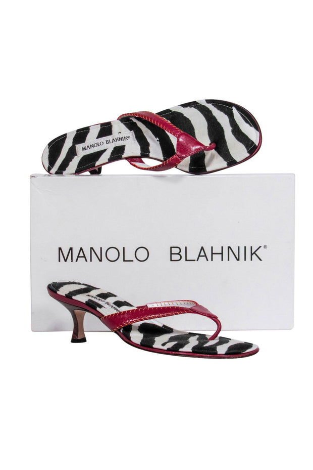 Current Boutique-Manolo Blahnik - Red Leather & Zebra Printed Kitten Heel Sandals Sz 7.5