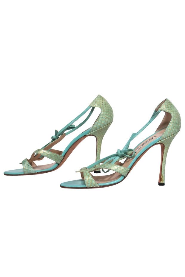 Current Boutique-Manolo Blahnik - Turquoise & Gold Snakeskin Strappy Pumps Sz 8.5