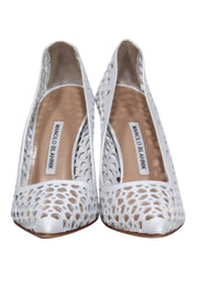 Current Boutique-Manolo Blahnik - White Leather Laser Cut Pointed Toe Pumps Sz 10