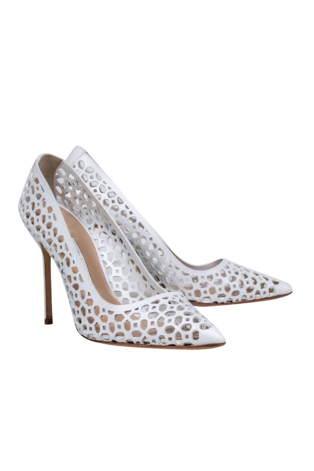 Current Boutique-Manolo Blahnik - White Leather Laser Cut Pointed Toe Pumps Sz 10