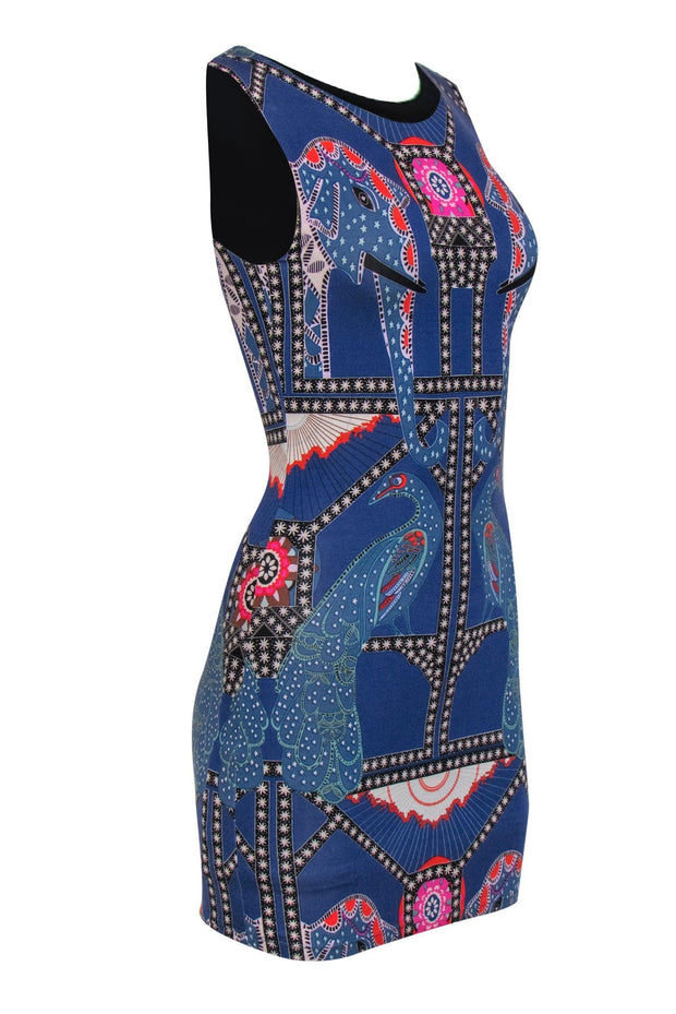 Current Boutique-Mara Hoffman - Blue Printed Peacock & Elephant Bodycon Dress Sz XS