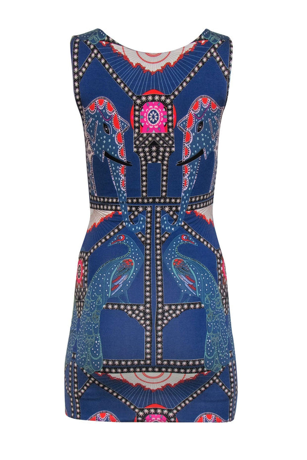 Current Boutique-Mara Hoffman - Blue Printed Peacock & Elephant Bodycon Dress Sz XS