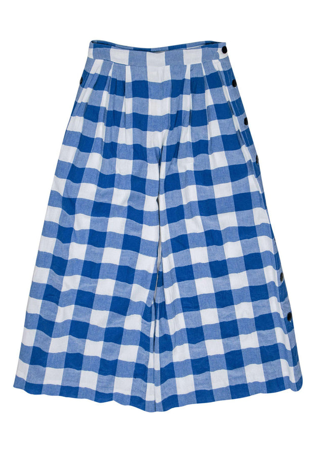 Current Boutique-Mara Hoffman - Blue & White Gingham Plaid Wide Leg Trousers Sz M