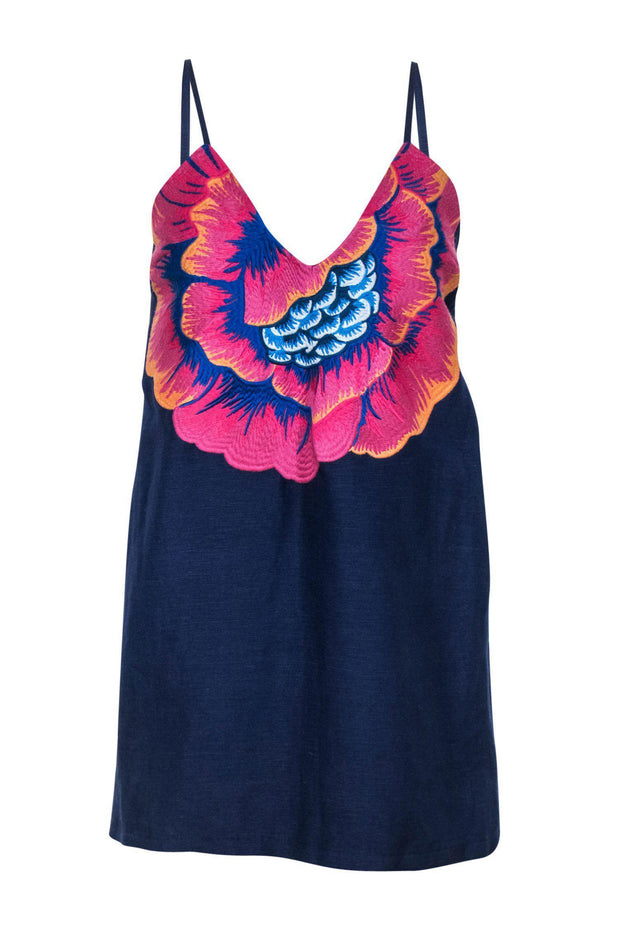 Current Boutique-Mara Hoffman - Dark Blue Floral Embroidered Sleeveless Tunic Top Sz M