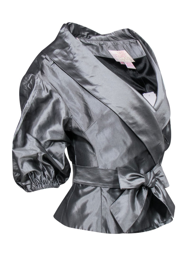 Current Boutique-Marc Bouwer - Silver Silk Puff Sleeve Wrap Jacket Sz M