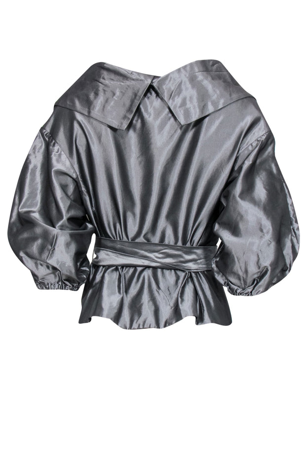 Current Boutique-Marc Bouwer - Silver Silk Puff Sleeve Wrap Jacket Sz M