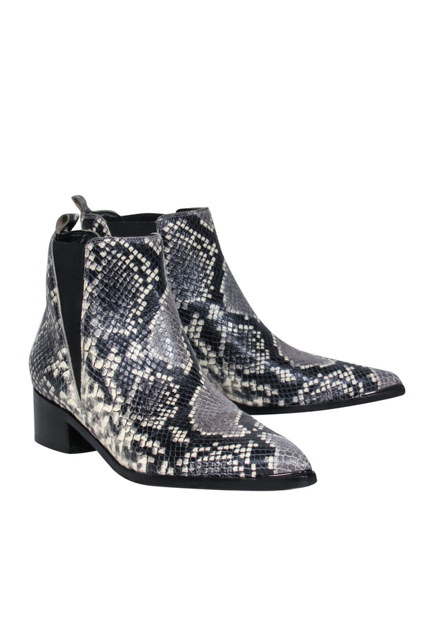 Current Boutique-Marc Fisher - Grey & Black Leather Snakeskin Print Block Heel Booties Sz 8