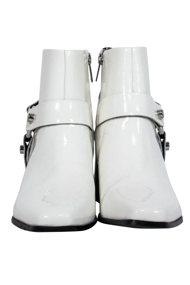 Current Boutique-Marc Fisher - White Patent Leather Heeled Booties w/ Buckle Design Sz 8.5