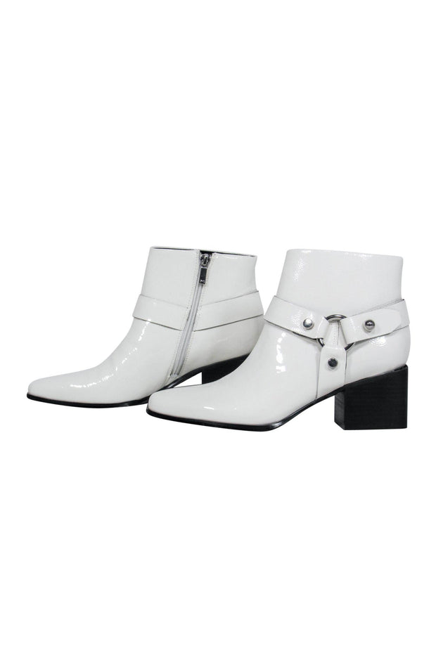 Current Boutique-Marc Fisher - White Patent Leather Heeled Booties w/ Buckle Design Sz 8.5