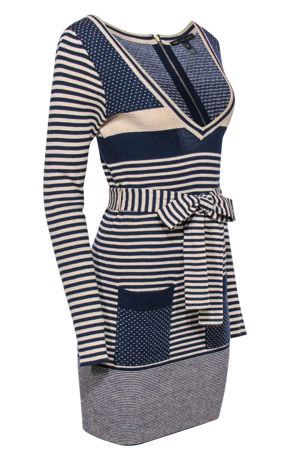 Current Boutique-Marc by Marc Jacobs - Beige & Navy Striped & Polka Dot Sparkly Sweater Dress Sz M