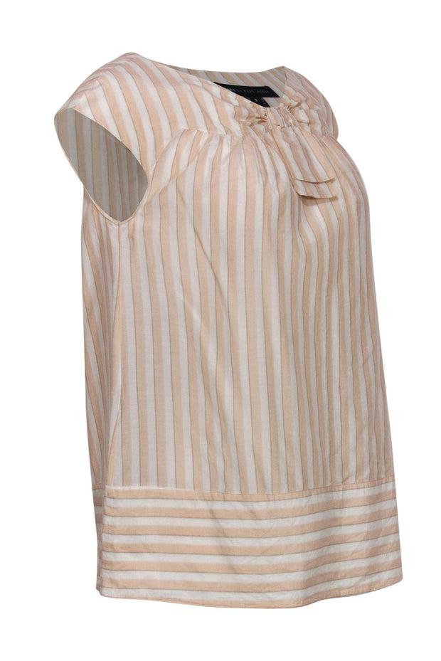 Current Boutique-Marc by Marc Jacobs - Light Pink & White Striped Cap Sleeve Blouse w/ Bow Design Sz S