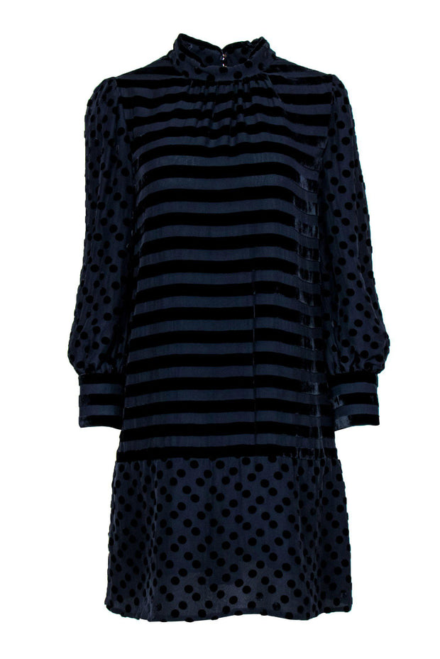 Current Boutique-Marc by Marc Jacobs - Navy Velvet Polka Dot & Striped Long Sleeve Shift Dress Sz 10