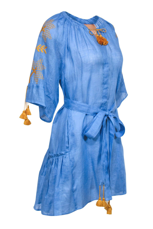 Current Boutique-March 11 - Blue & Yellow Embroidered Belted Linen Shift Dress w/ Tassels Sz M