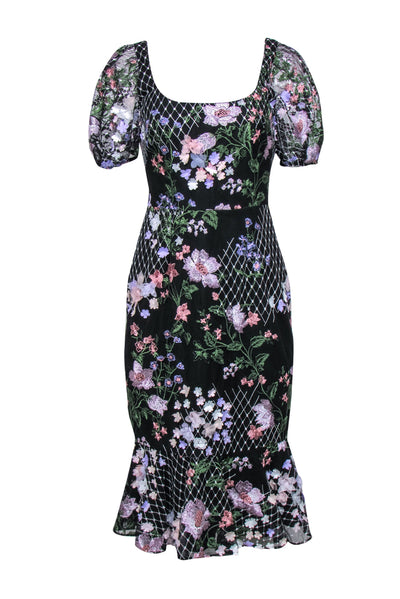 Current Boutique-Marchesa Notte - Black Puff Sleeve Mesh Midi Dress w/ Floral Embroidery & Appliques Sz 6