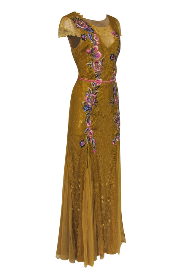 Current Boutique-Marchesa Notte - Mustard Lace Maxi Dress w/ Floral Embroidery & Beading Sz 14