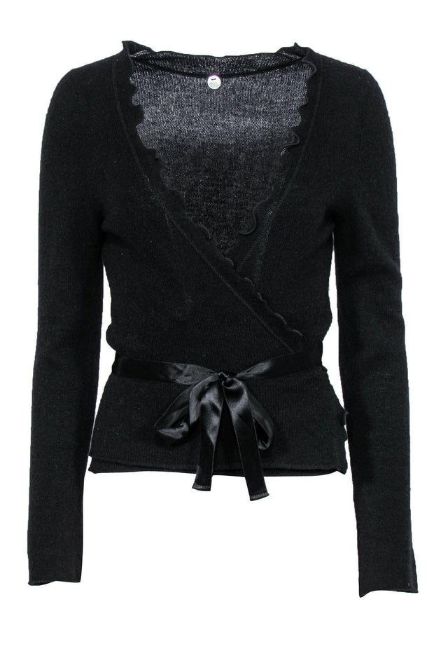 Current Boutique-Margaret O'Leary - Black Wrap Ruffle Cashmere Cardigan Sz M