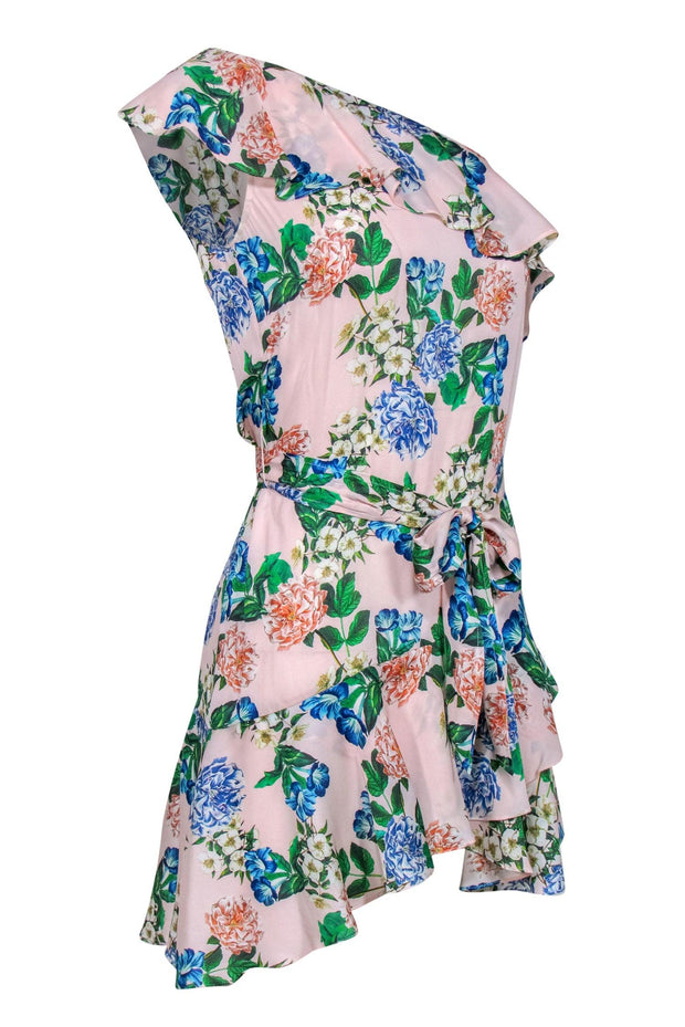 Current Boutique-Marissa Webb - Baby Pink Floral One Shoulder Ruffled Silk Blend Dress Sz XS