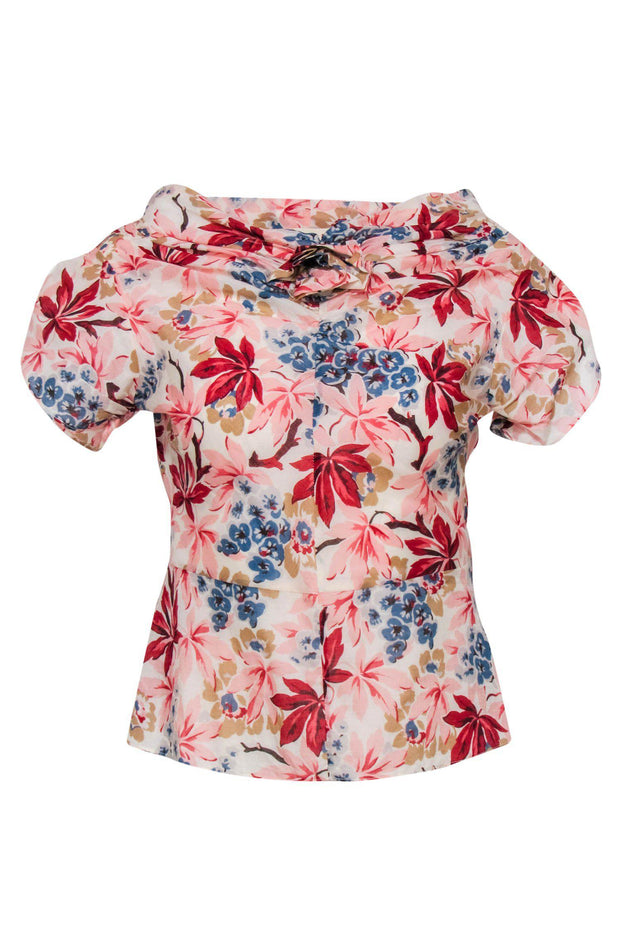 Current Boutique-Marni - White, Pink & Multicolored Floral Print Blouse w/ Rosette Sz 4