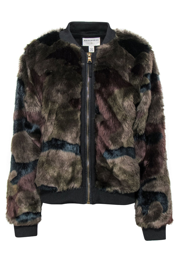 Current Boutique-Marrakech - Olive, Black & Brown Camouflage Print Faux Fur Zip-Up Bomber Coat Sz L