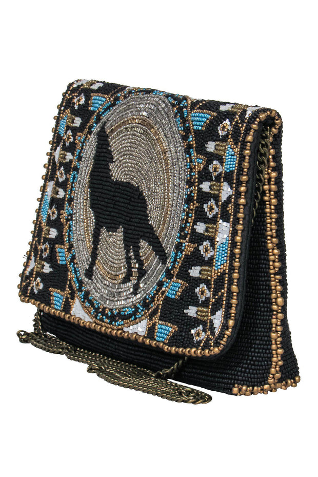 Current Boutique-Mary Frances - Black Beaded Wolf Print Crossbody