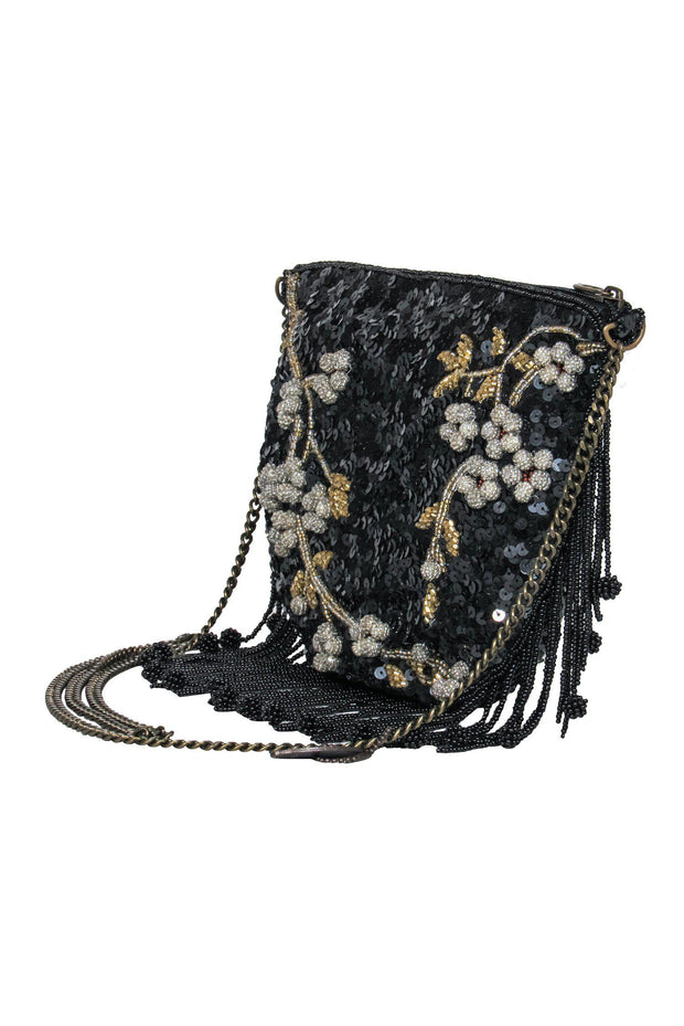 Current Boutique-Mary Frances - Black Sequin & Beaded Floral Crossbody w/ Fringe