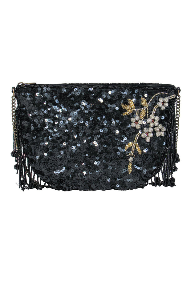 Current Boutique-Mary Frances - Black Sequin & Beaded Floral Crossbody w/ Fringe