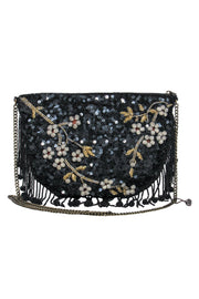 Current Boutique-Mary Frances - Black Sequin & Beaded Floral Crossbody w/ Fringe