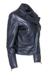 Current Boutique-Massimo Dutti - Dark Slate Blue Leather Zip-Up Moto-Style Jacket Sz L