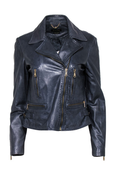 Current Boutique-Massimo Dutti - Dark Slate Blue Leather Zip-Up Moto-Style Jacket Sz L