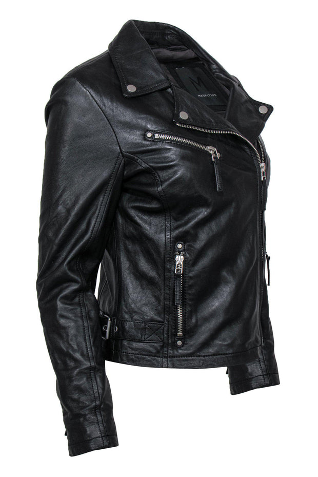 Current Boutique-Mauritius - Black Leather Zip-Up Moto Jacket w/ Motivational Quote Lining Sz S