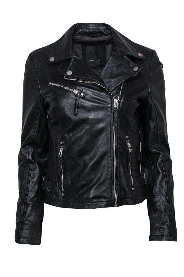 Current Boutique-Mauritius - Black Leather Zip-Up Moto Jacket w/ Motivational Quote Lining Sz S