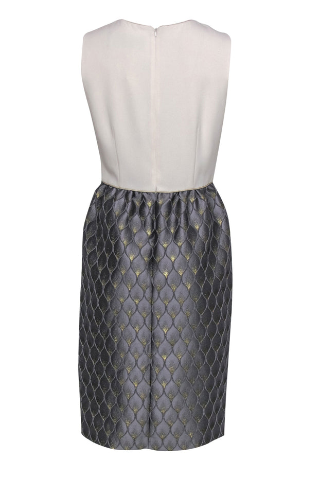 Current Boutique-Max Mara - Cream, Silver & Gold Metallic Scalloped Skirt Sheath Dress Sz 10