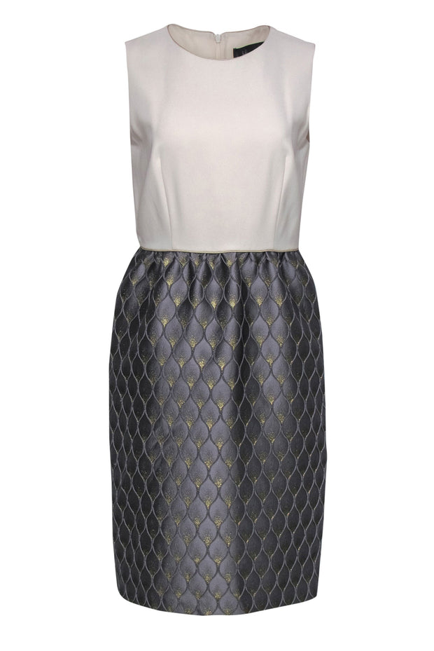 Current Boutique-Max Mara - Cream, Silver & Gold Metallic Scalloped Skirt Sheath Dress Sz 10