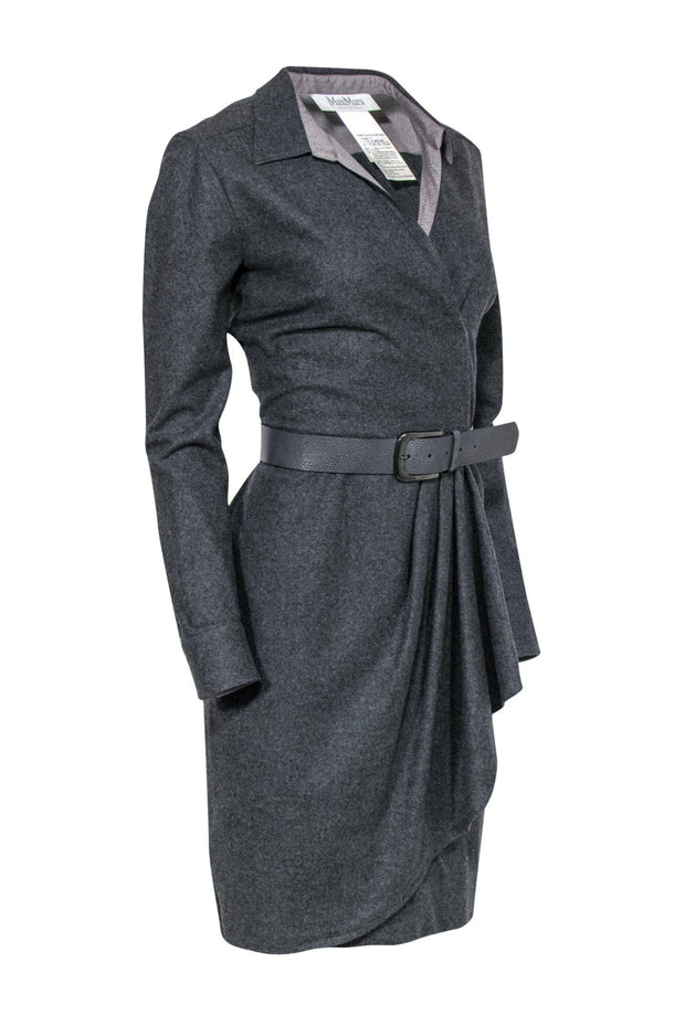 Current Boutique-Max Mara - Grey Wool Blend Long Sleeve Sheath Dress w/ Belt Sz 10