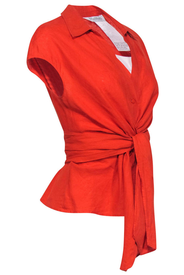 Current Boutique-Max Mara - Orange Cap Sleeve Tied Button-Up Linen Blouse Sz 8