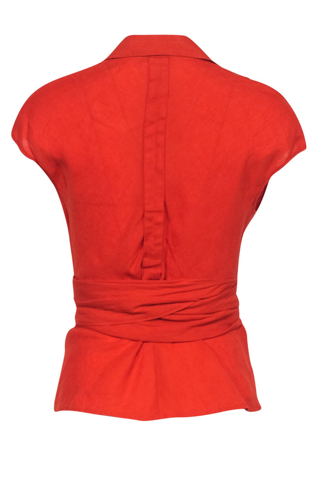 Current Boutique-Max Mara - Orange Cap Sleeve Tied Button-Up Linen Blouse Sz 8