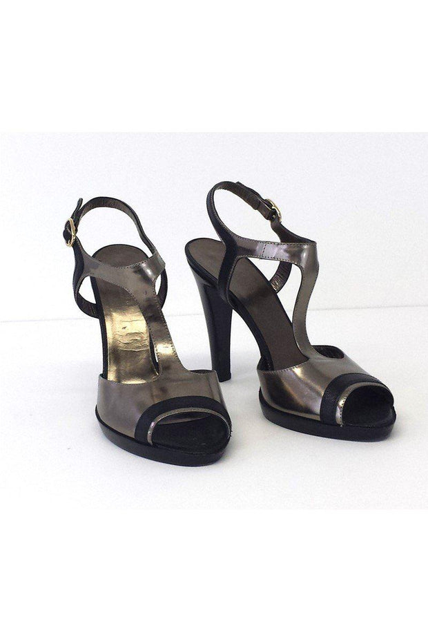 Current Boutique-Max Mara - Pewter Metallic Leather T-Strap Heels Sz 9