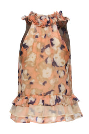 Current Boutique-McGinn - Beige, Peach & Navy Printed Silk Ruffle Tank Sz 4