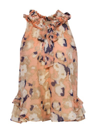 Current Boutique-McGinn - Beige, Peach & Navy Printed Silk Ruffle Tank Sz 4