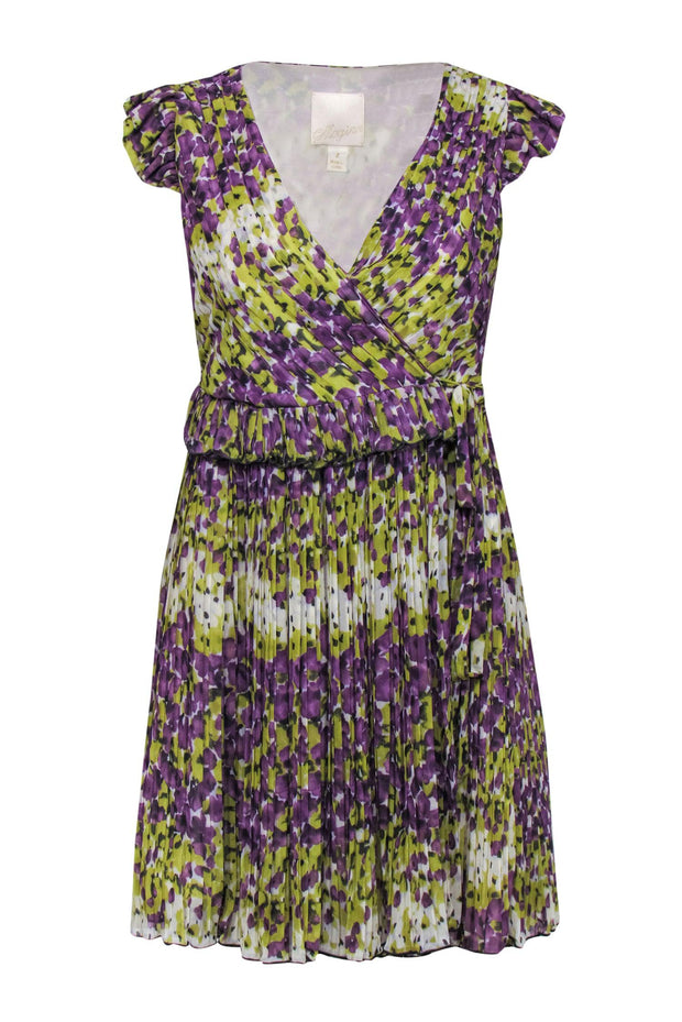 Current Boutique-McGinn - Purple & Green Floral Pleated Silky Wrap Dress Sz 2