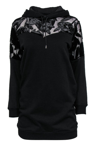 Current Boutique-McQ Alexander McQueen - Black Hooded Long Sleeve Sweatshirt Dress w/ Velvet Floral Top Sz S