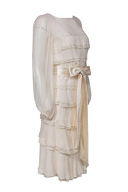 Current Boutique-Melinda Eng - Cream Ruffle Silk Midi Dress w/ Satin Belt Sz 10