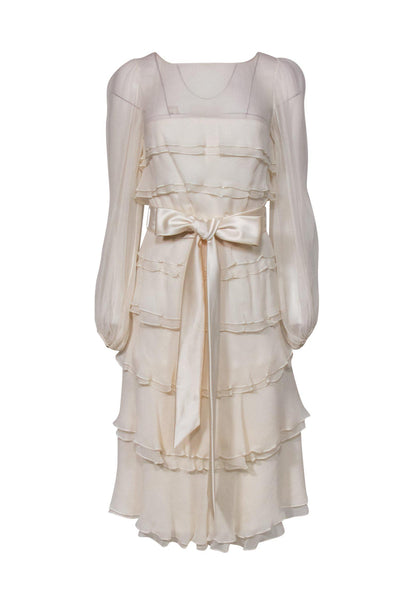 Current Boutique-Melinda Eng - Cream Ruffle Silk Midi Dress w/ Satin Belt Sz 10