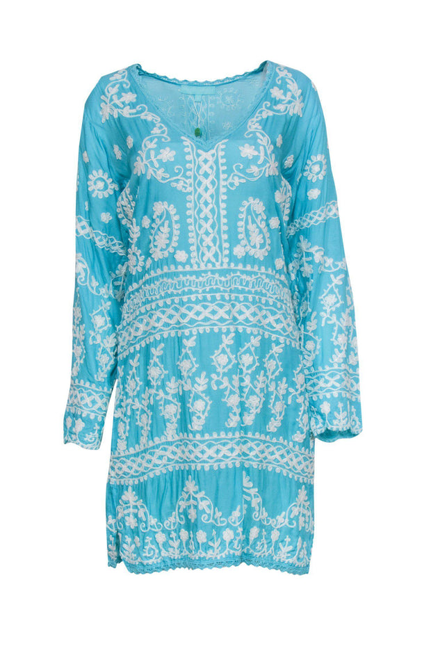 Current Boutique-Melissa Odabash - Sky Blue & White Embroidered "Natalie" Shift Dress Sz S