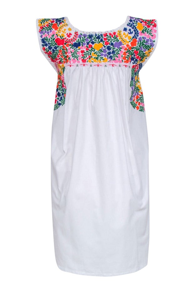 Current Boutique-Mi Golondrina - White Cotton Shift Dress w/ Hand-Embroidered Flowers Sz S