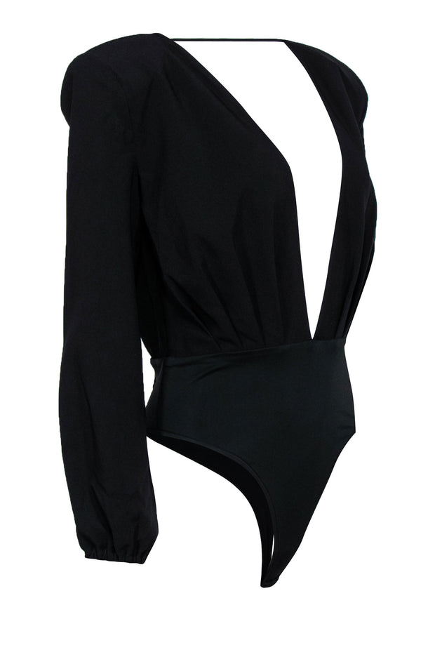 Current Boutique-Michael Costello x Revolve - Black Long Sleeve Deep V-Neck Bodysuit Sz M